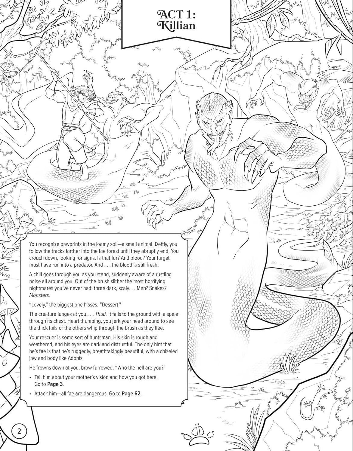 Coloring book page with a fantasy scene featuring a character and text.