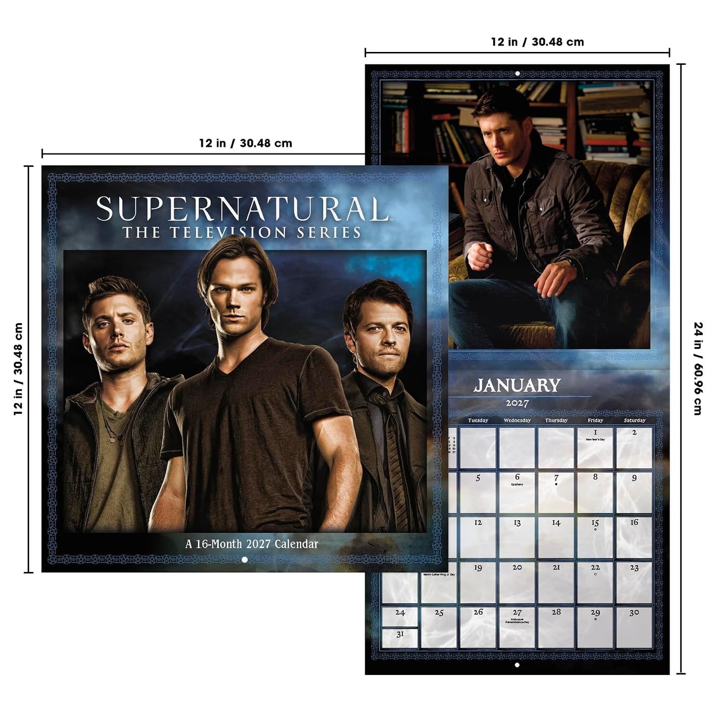 A 12-inch monthly calendar for 'Supernatural: The Television Series' shown with dimension labels. The calendar cover features character portraits of Jared, Dean, and Sam Winchester against a dark blue background with the series title at the top.