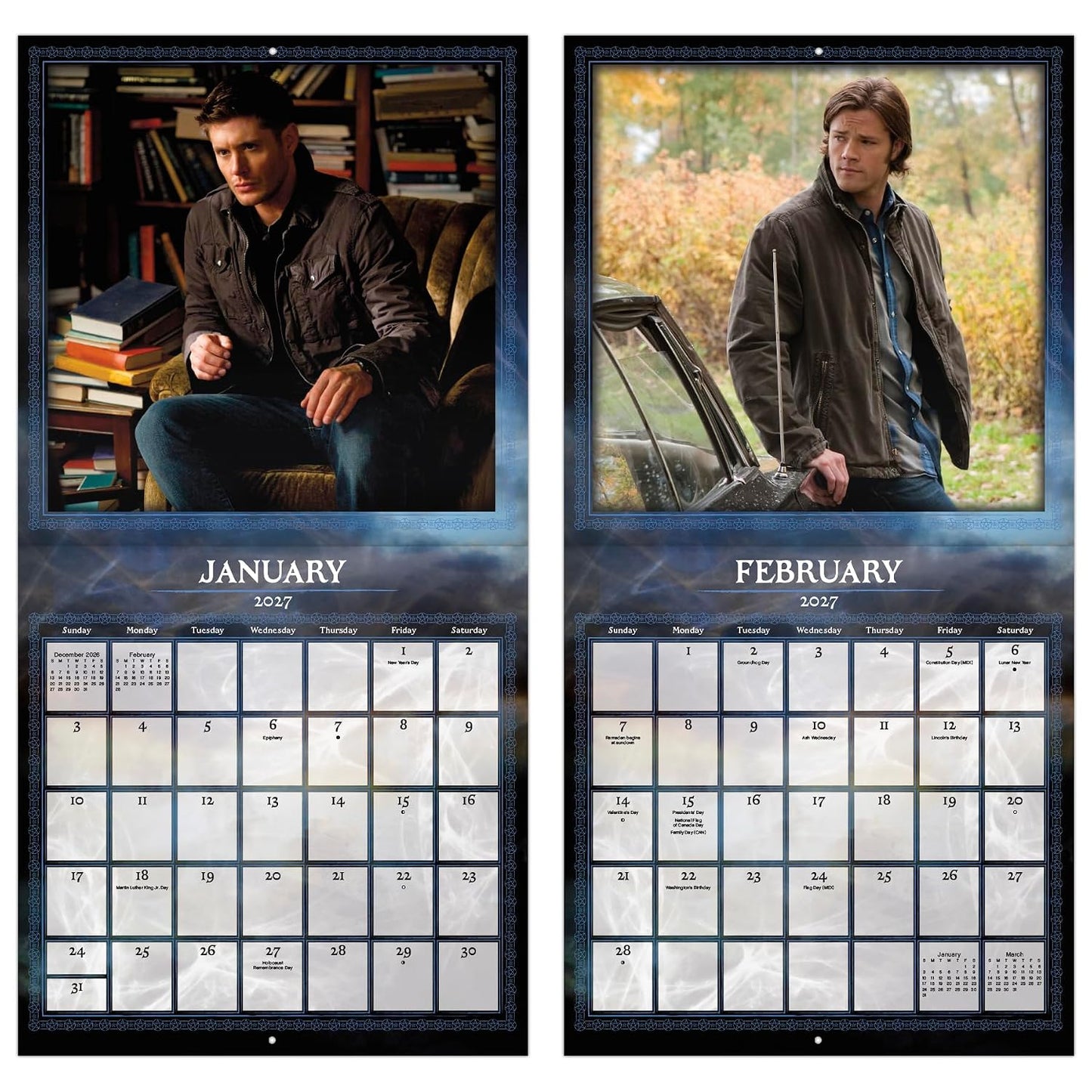 A two-page monthly calendar spread showing January and February. Each page has a large photo at the top with a dark blue textured border, and the lower half contains a grid of blank photo placeholders for the days of the week.
