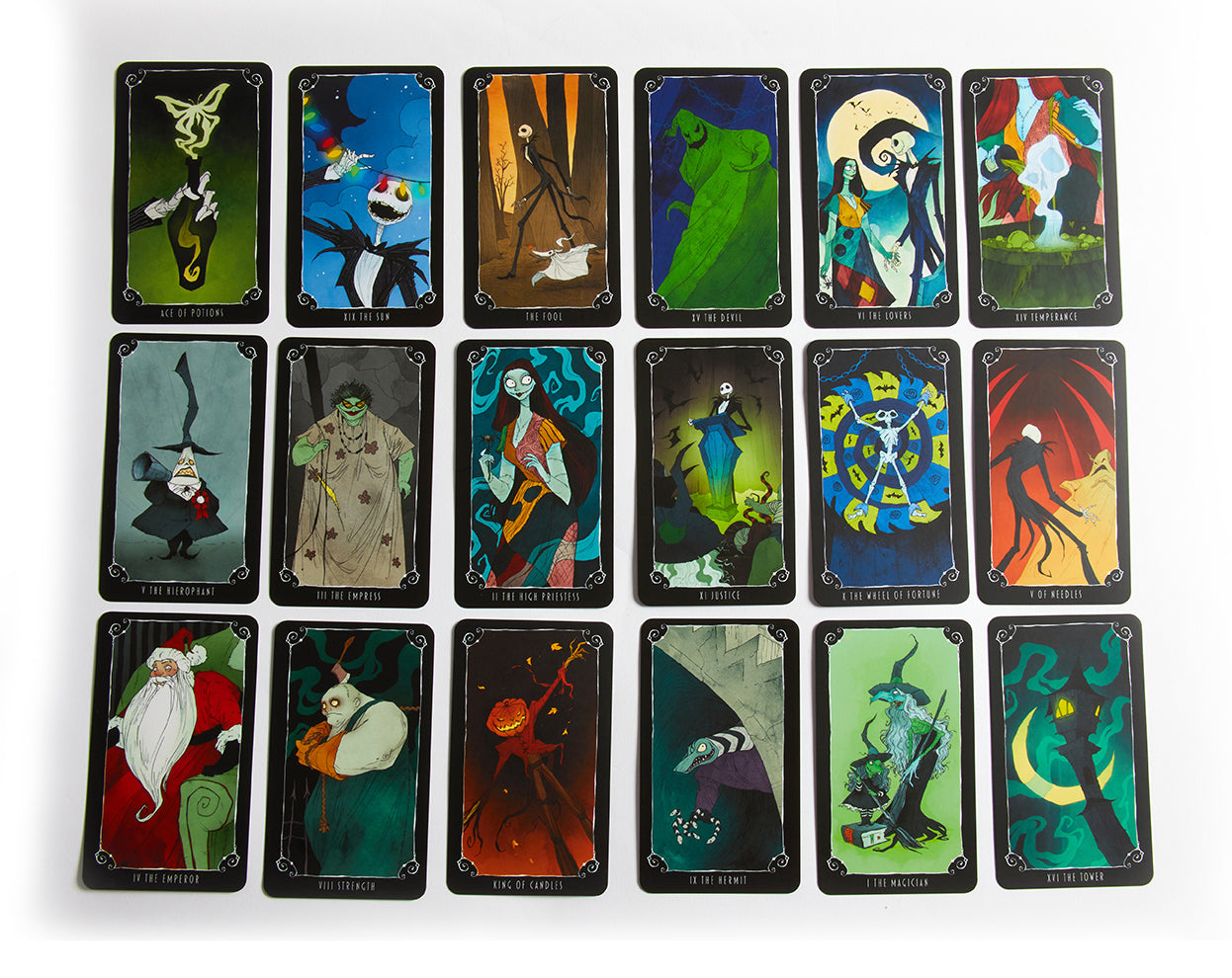 Set of tarot cards with colorful illustrations on a white background