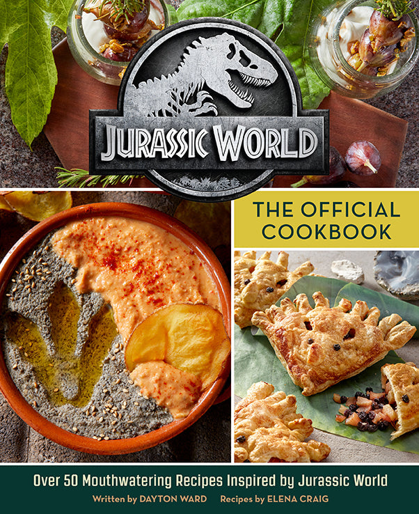 Collage of food items with 'Jurassic World' branding and text about the official cookbook.