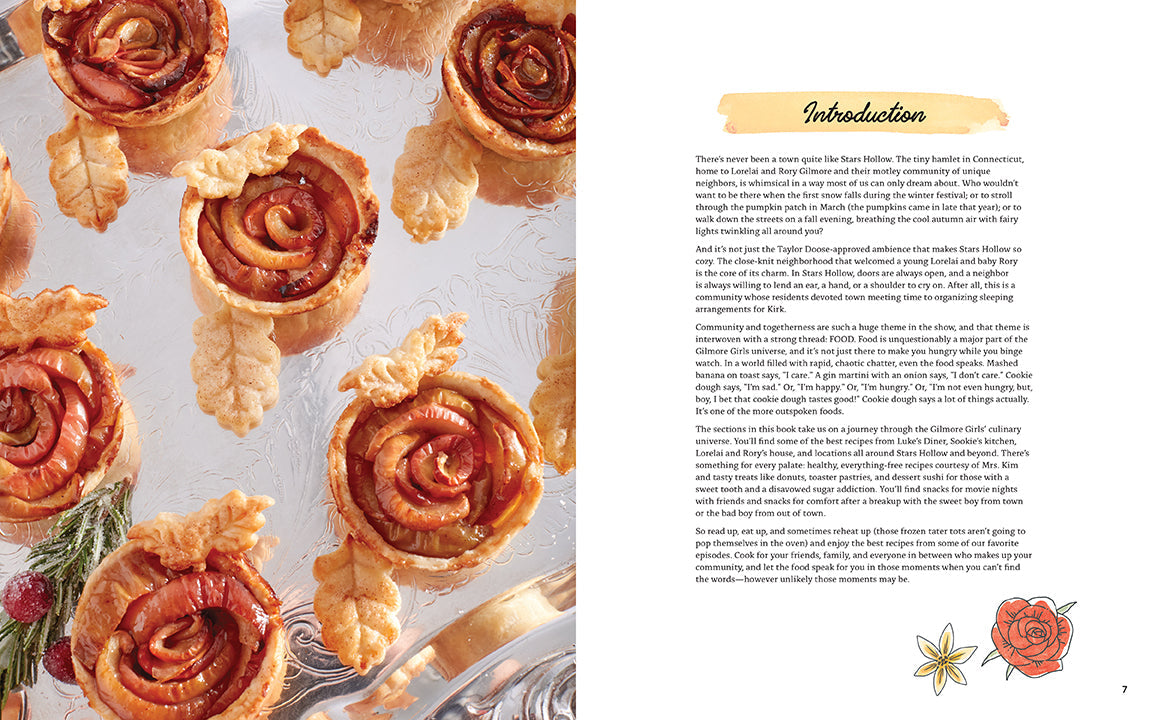 Book open to a page with pastry roses and an introduction text on a white background