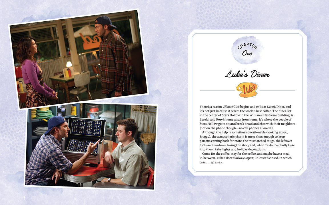 Promotional graphic for 'Gilmore Girls' featuring scenes from the show and a description of Luke's Diner.