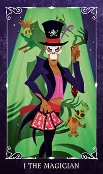 Magician with top hat and deck of cards against a green background