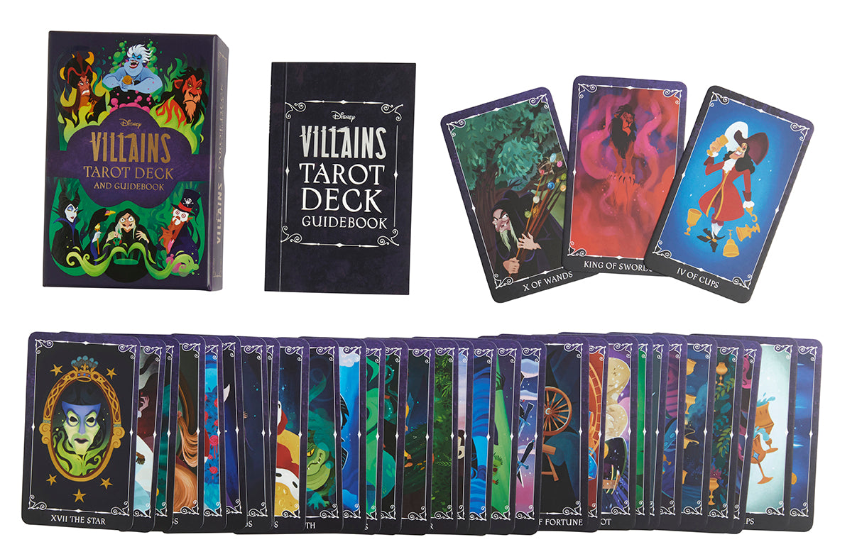 Disney Villains Tarot Deck with cards and guidebook on a white background