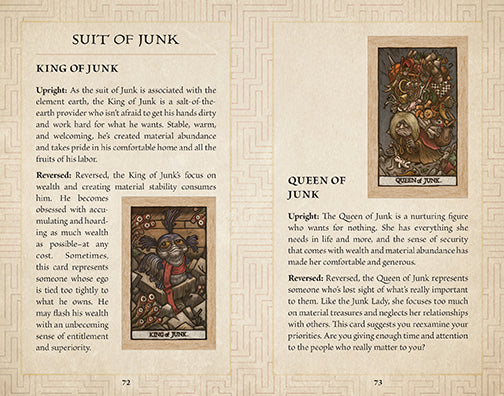 Book page with tarot card illustrations and descriptions of 'Suit of Junk' cards.