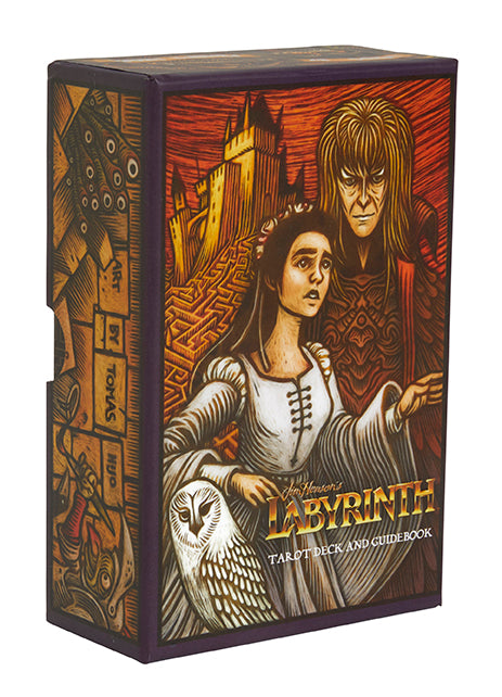 Labyrinth tarot deck and guidebook packaging with illustrations of characters and owl.