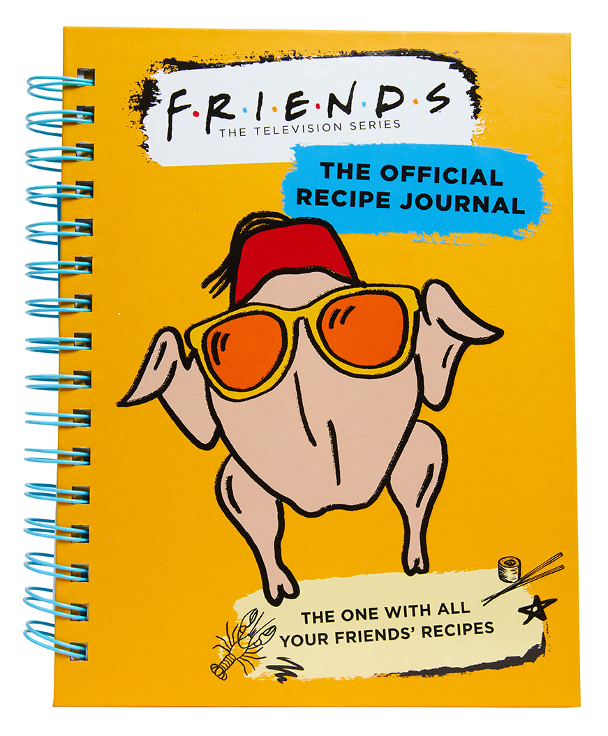 Recipe journal with cartoon chicken wearing sunglasses and 'Friends' branding on a yellow background