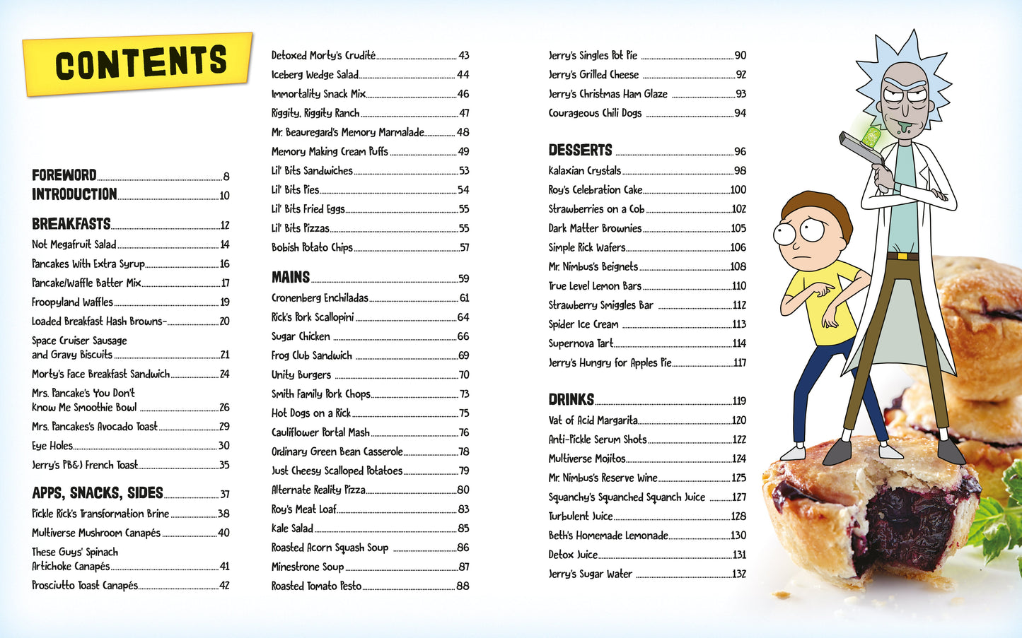Menu with cartoon characters and recipe options on a white background