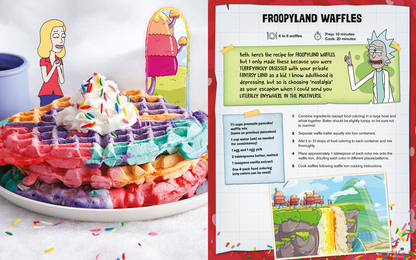 Colorful waffles on a plate with a recipe card for Froopyland Waffles on the side.