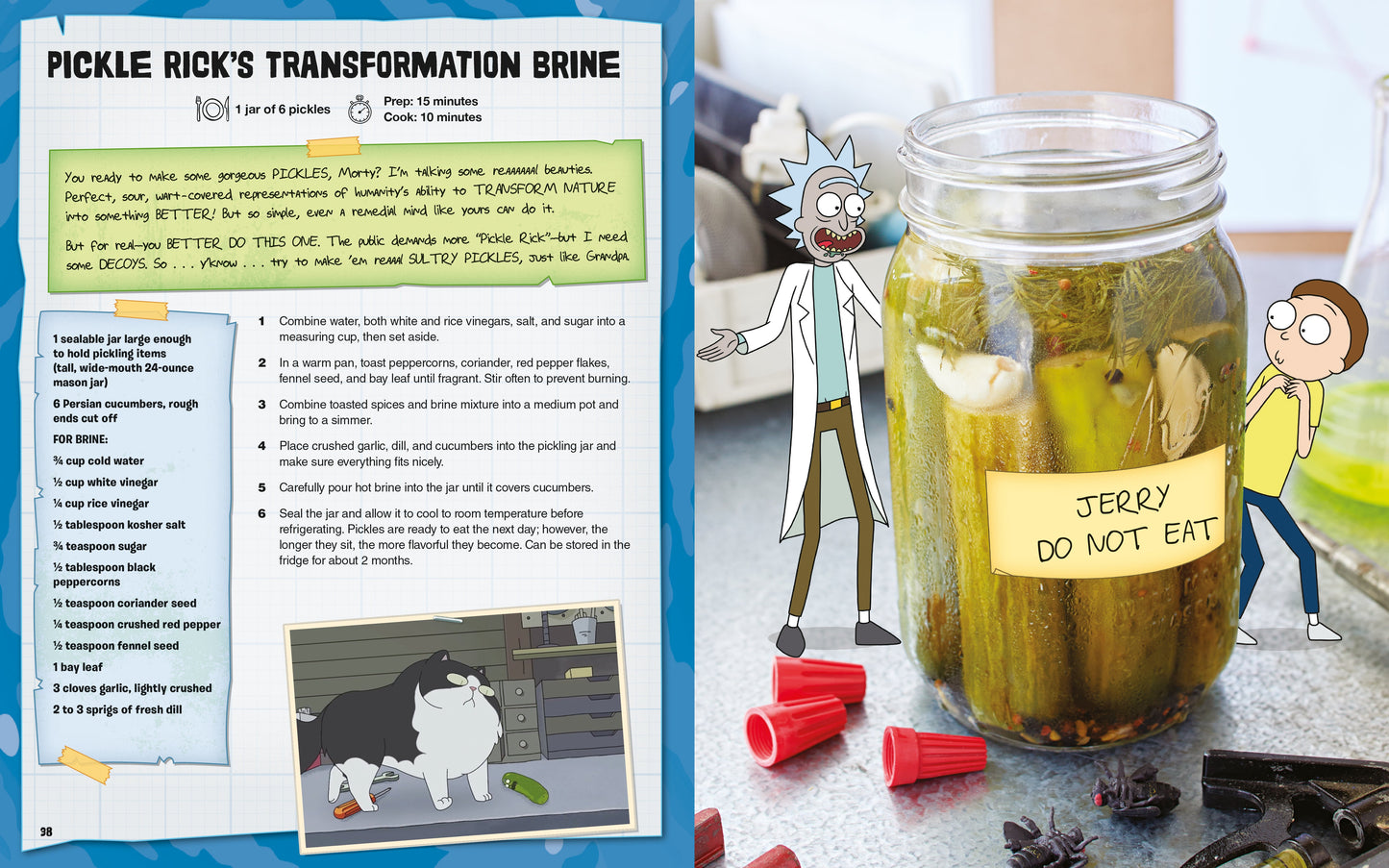 Jar of pickles with a 'Jerry Do Not Eat' note, cartoon characters, and a recipe book on pickle making.