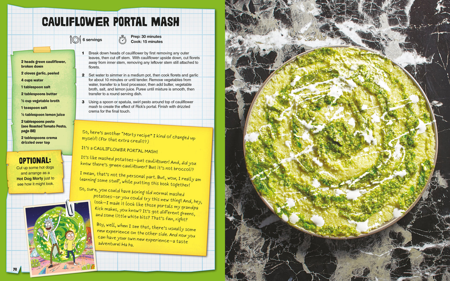 Recipe card for cauliflower portal mash with a bowl of green mashed cauliflower on a marble surface.
