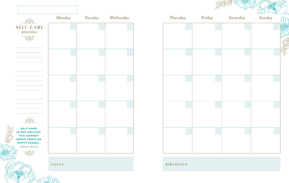 Weekly planner with self-care priorities and notes section on a light blue background
