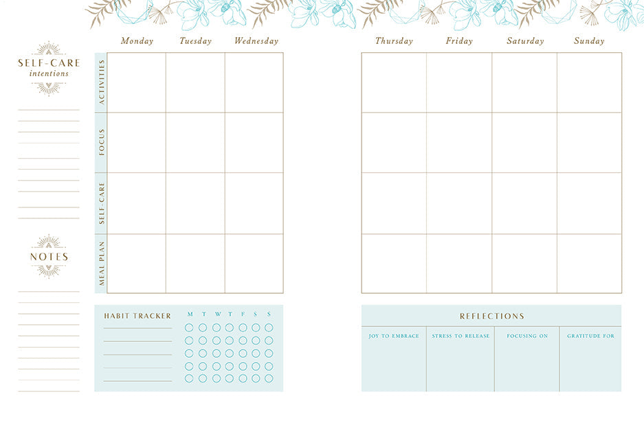 Weekly planner with self-care intentions, habit tracker, and reflections section on a white background.