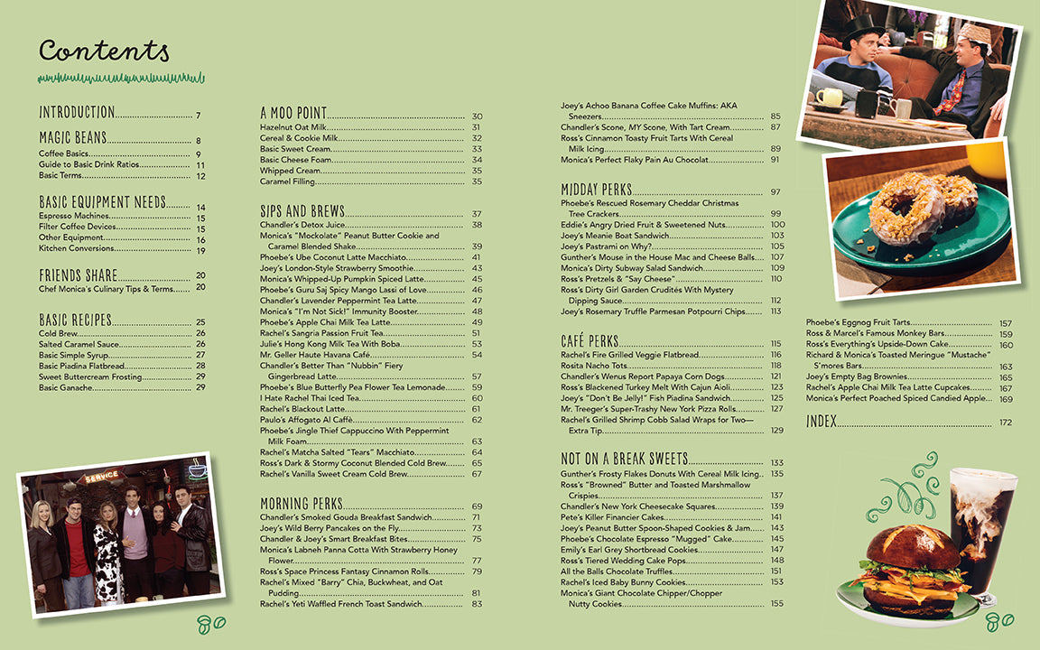 A two-page spread from the book showing the table of contents, with pictures of food and Friends characters