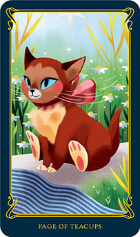 Cartoon cat with a bow sitting by a stream, surrounded by flowers, in a decorative frame.