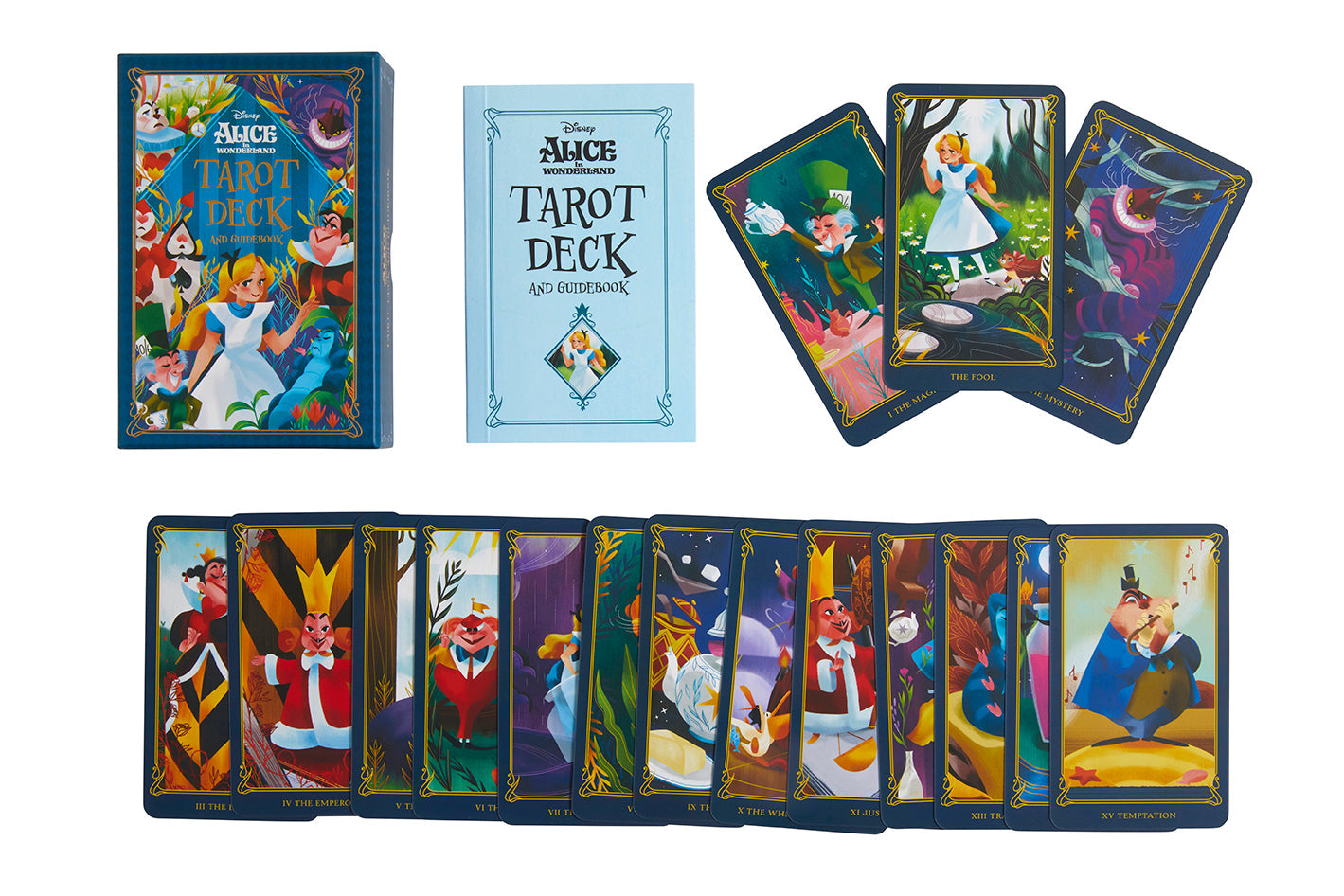 Alice in Wonderland Tarot Deck with tarot cards and box on a white background