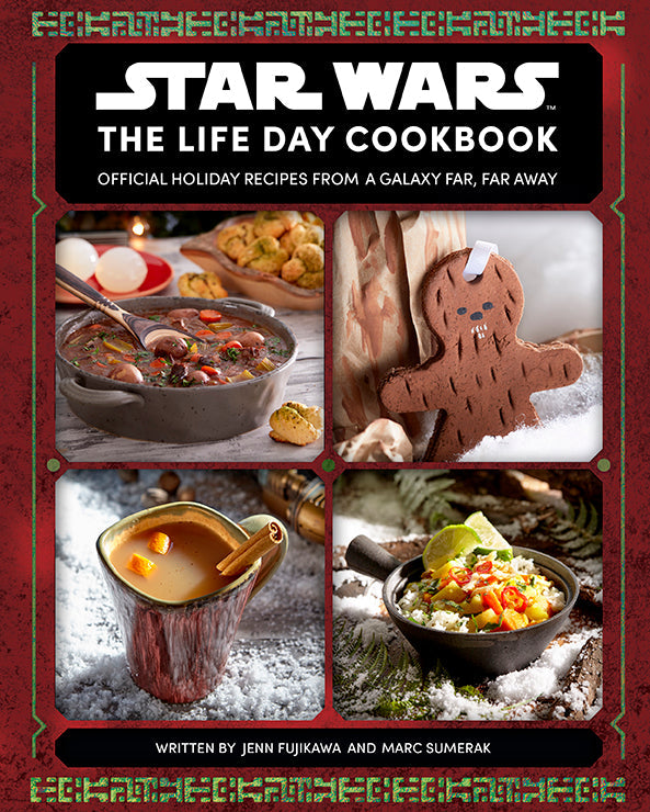 Book cover of 'Star Wars: The Life Day Cookbook' with images of food and a Gungan cookie.