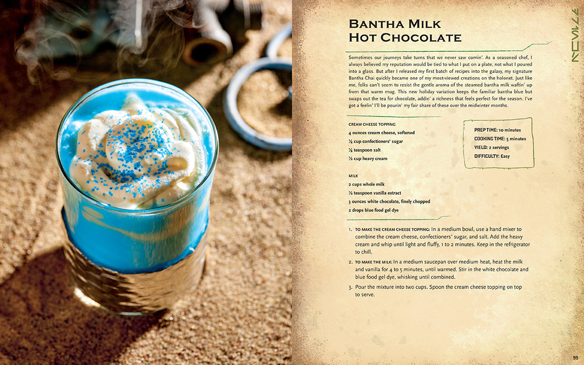 Hot chocolate with whipped cream and blue powder on a textured surface, next to a recipe card for 'Banthamilk Hot Chocolate'.