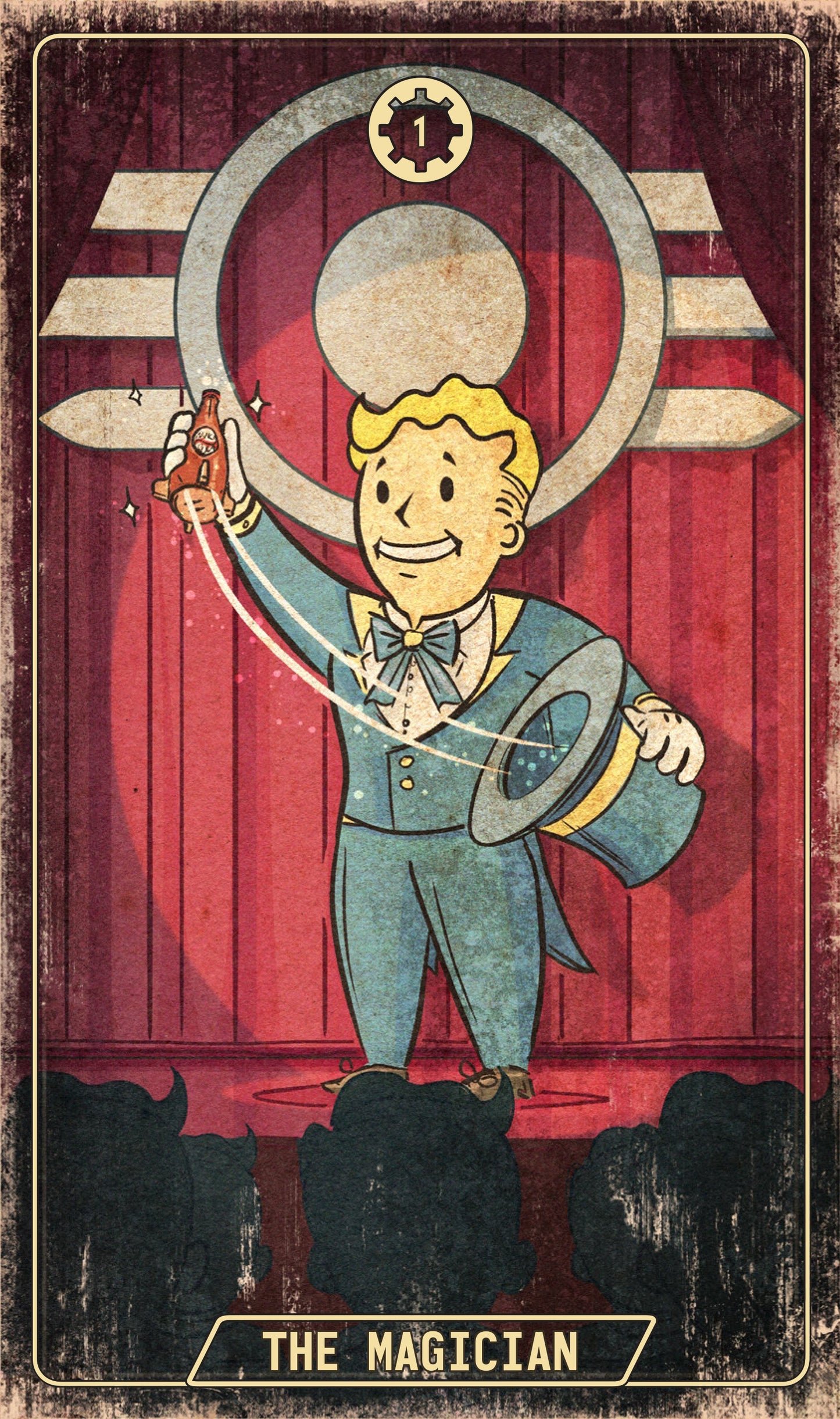 Illustration of 'The Magician' tarot card with a character in a blue suit and top hat against a red background.