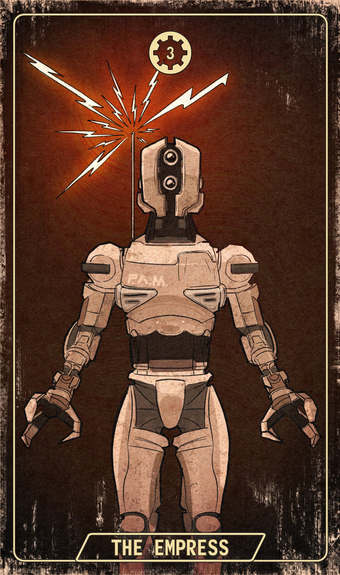 Robotic figure labeled 'The Empress' with a gear symbol above on a brown background