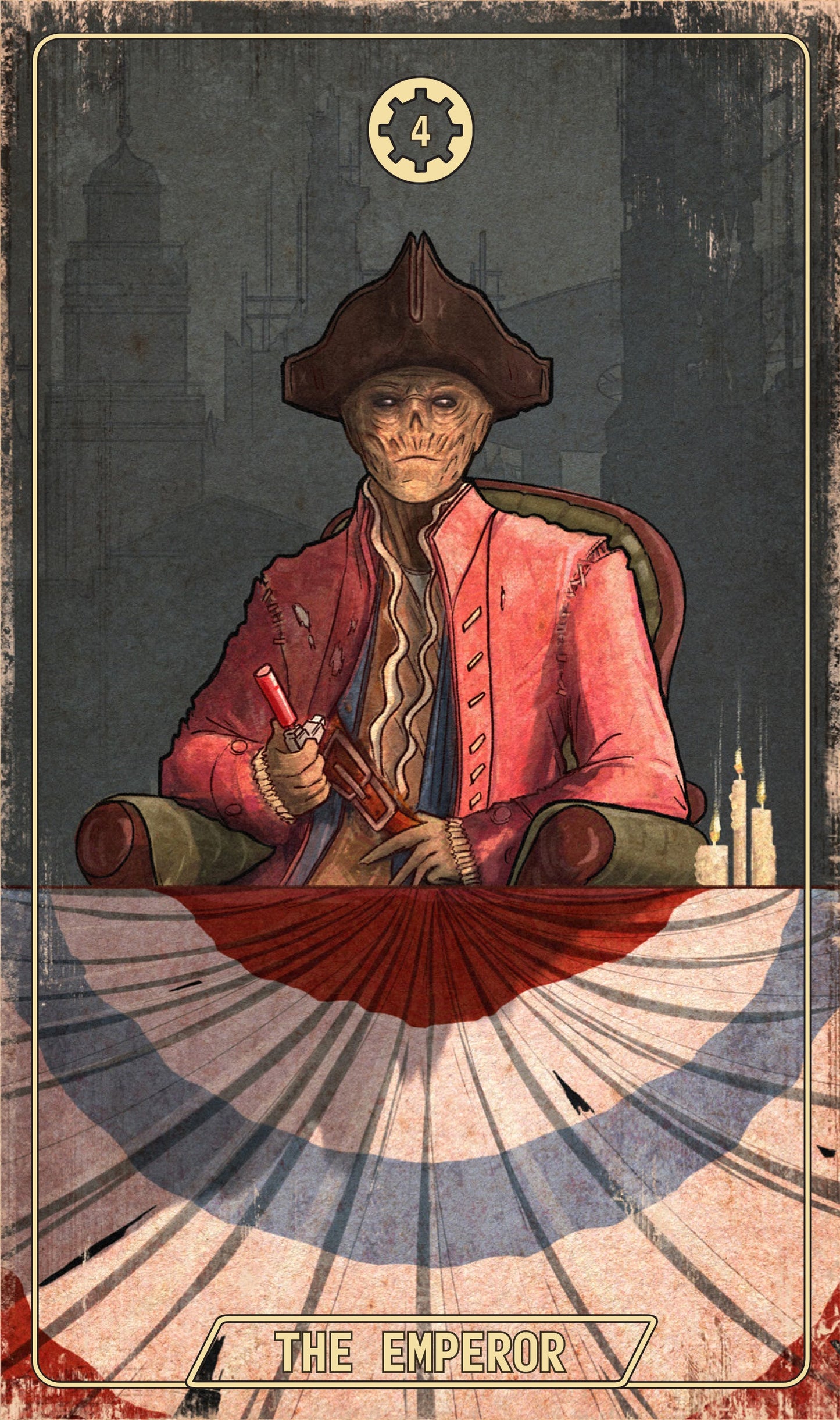 Steampunk-themed card featuring a character in a red coat and brown hat, with a gear symbol above.