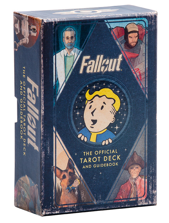 Box for 'Fallout' tarot deck and guidebook with character illustrations on a blue background