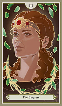 Illustration of 'The Empress' tarot card with a woman's face and laurel wreath.