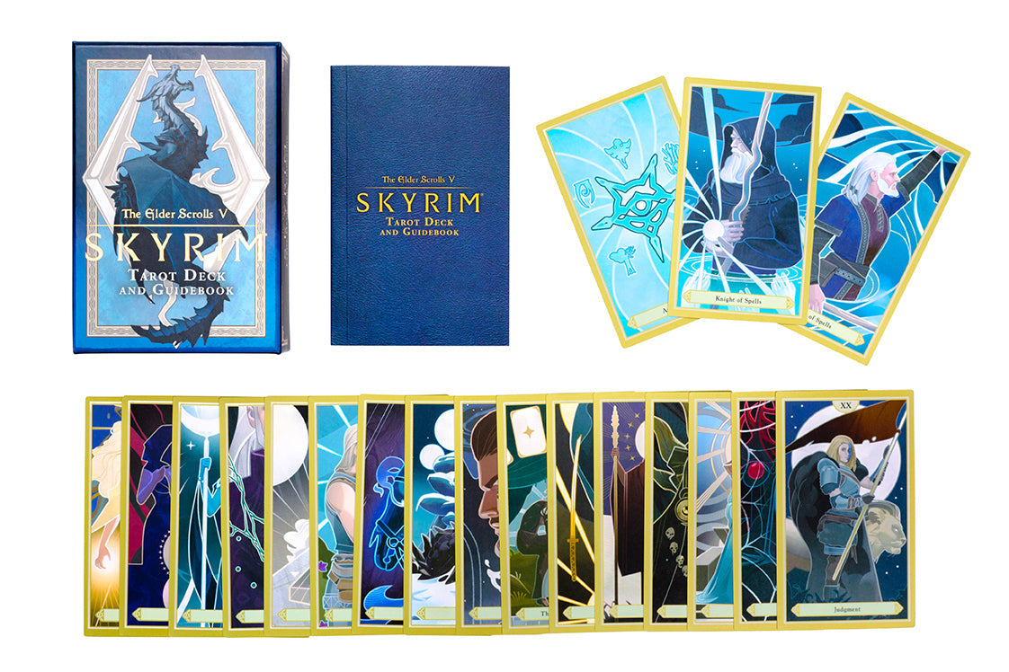Collection of 'The Elder Scrolls: Skyrim' trading cards and game books on a white background