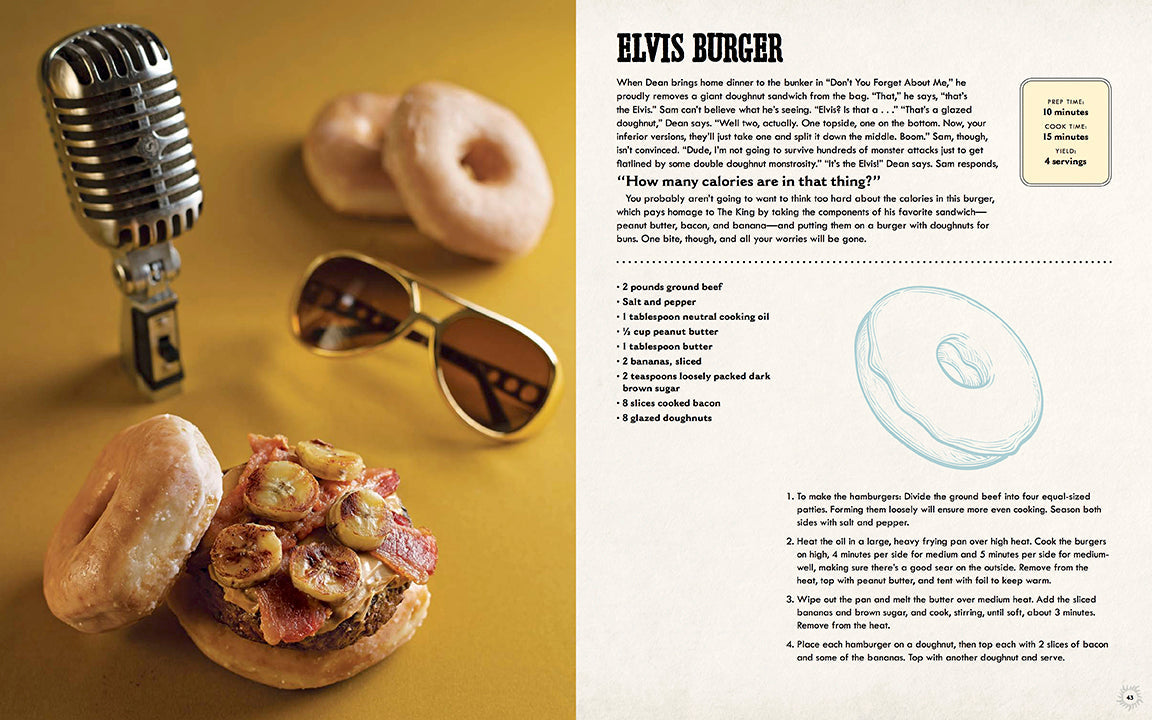 Elvis-themed burger with donuts, sunglasses, and microphone on a yellow background