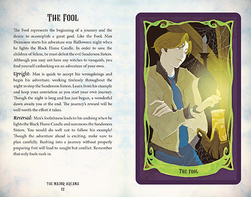 Card from a tarot deck titled 'The Fool' with text and illustration of a person holding a candle.