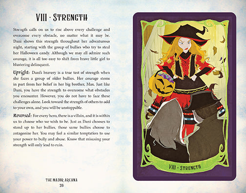Card from a tarot deck titled 'Strength' with an illustration of a character on a horse.