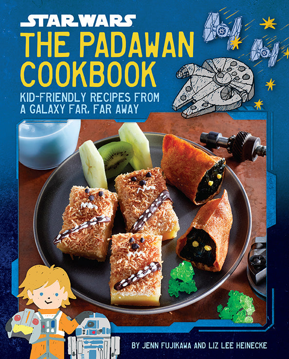 Book cover of 'The Padawan Cookbook' with star wars elements and food on a plate.