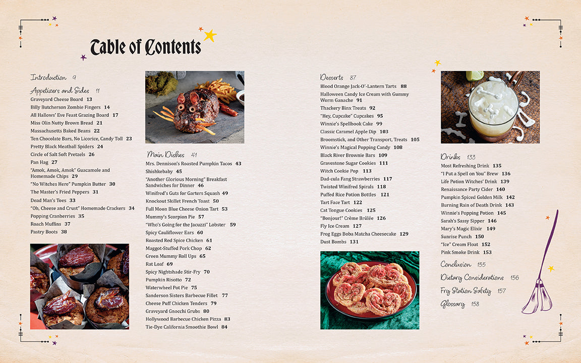Table of contents for a cookbook with images and text