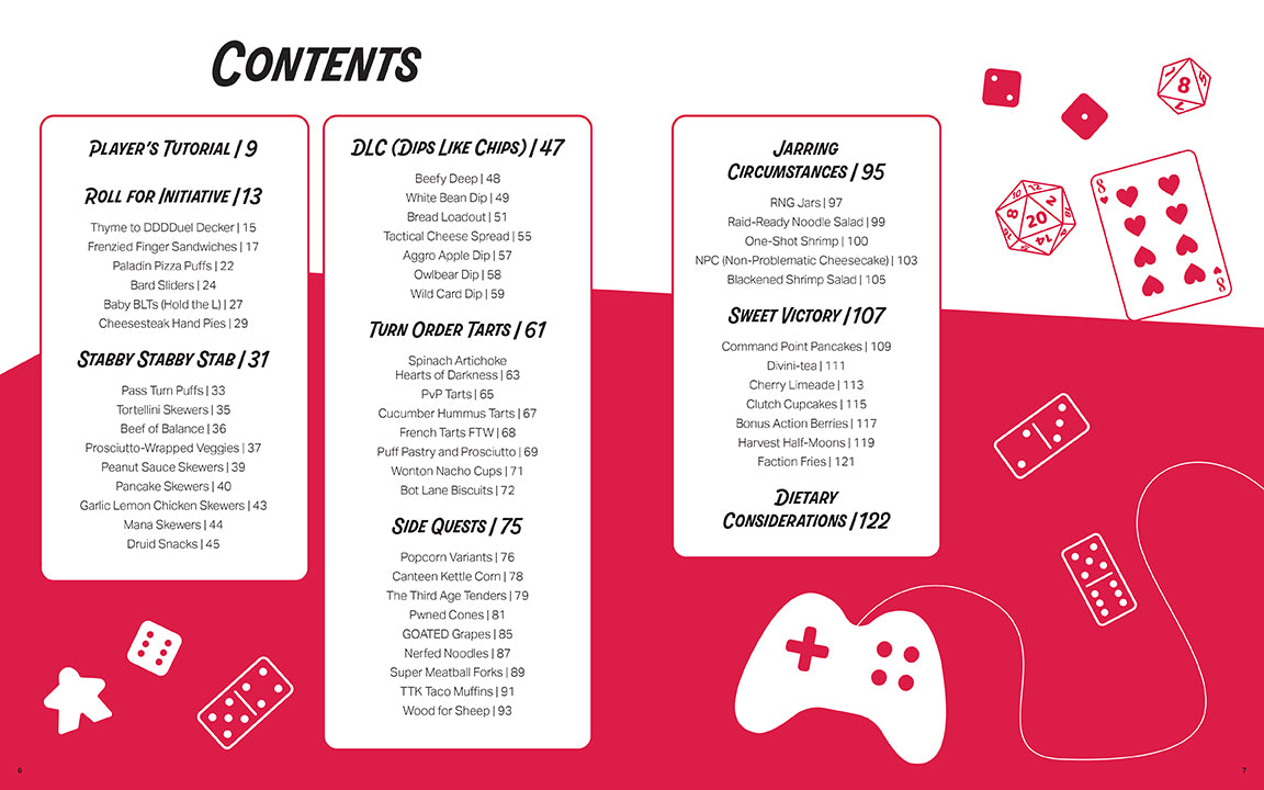 Table of contents for a gaming cookbook with red and white design elements.