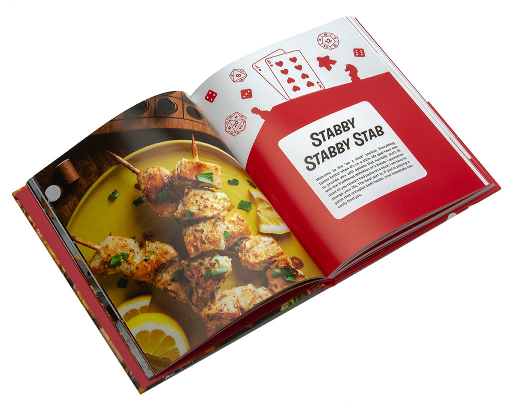 Open book with food photography and text on a white background