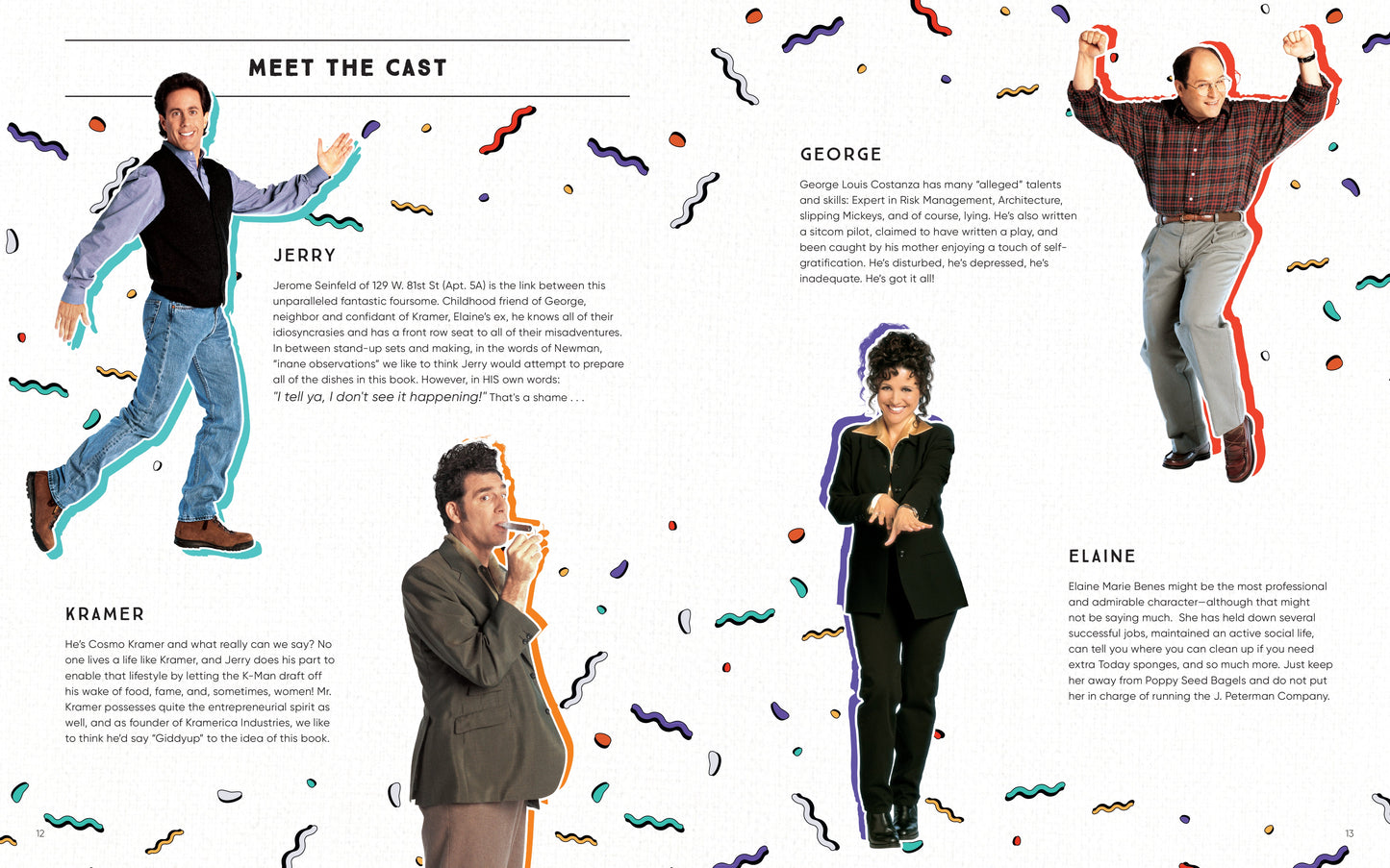 Illustrations of characters from a sitcom with text about the cast on a white background.