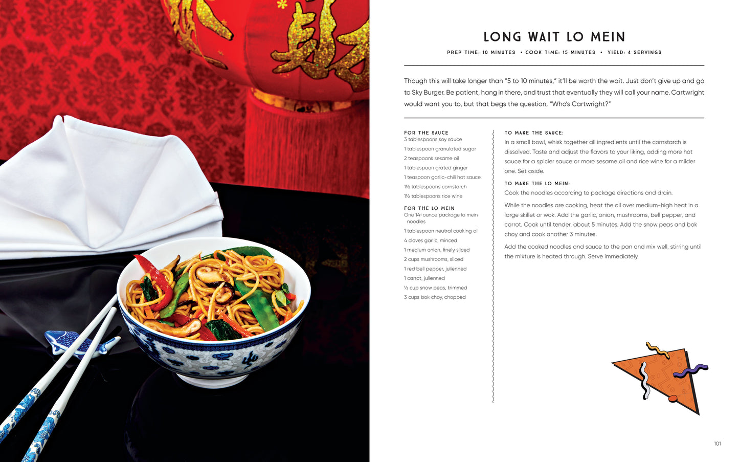 Bowl of lo mein with chopsticks on a black tablecloth, next to a red and gold decorative item, with text on the right side.