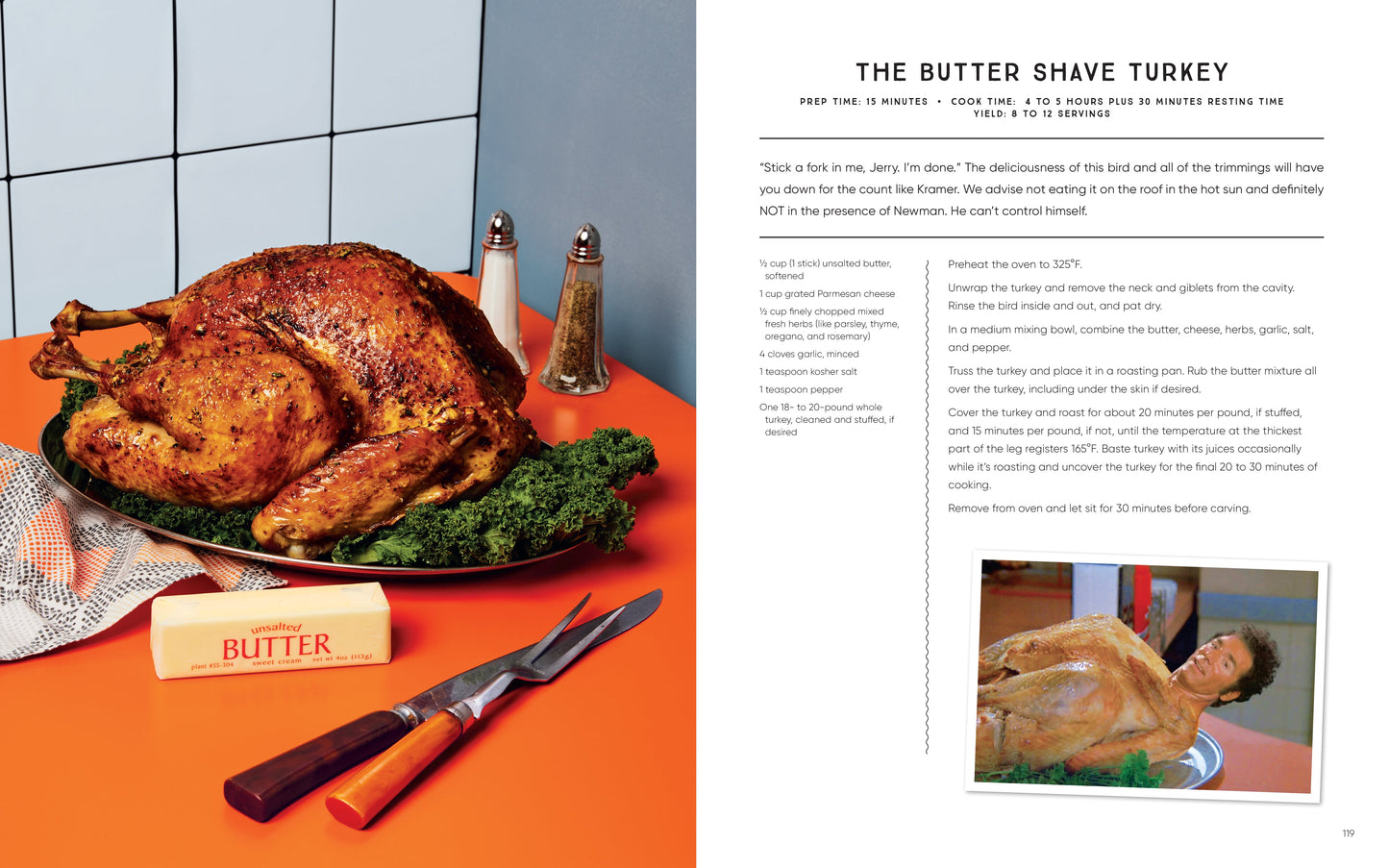 Roasted turkey on a platter with butter and a knife, next to a magazine page about the 'Butter Shave Turkey'.
