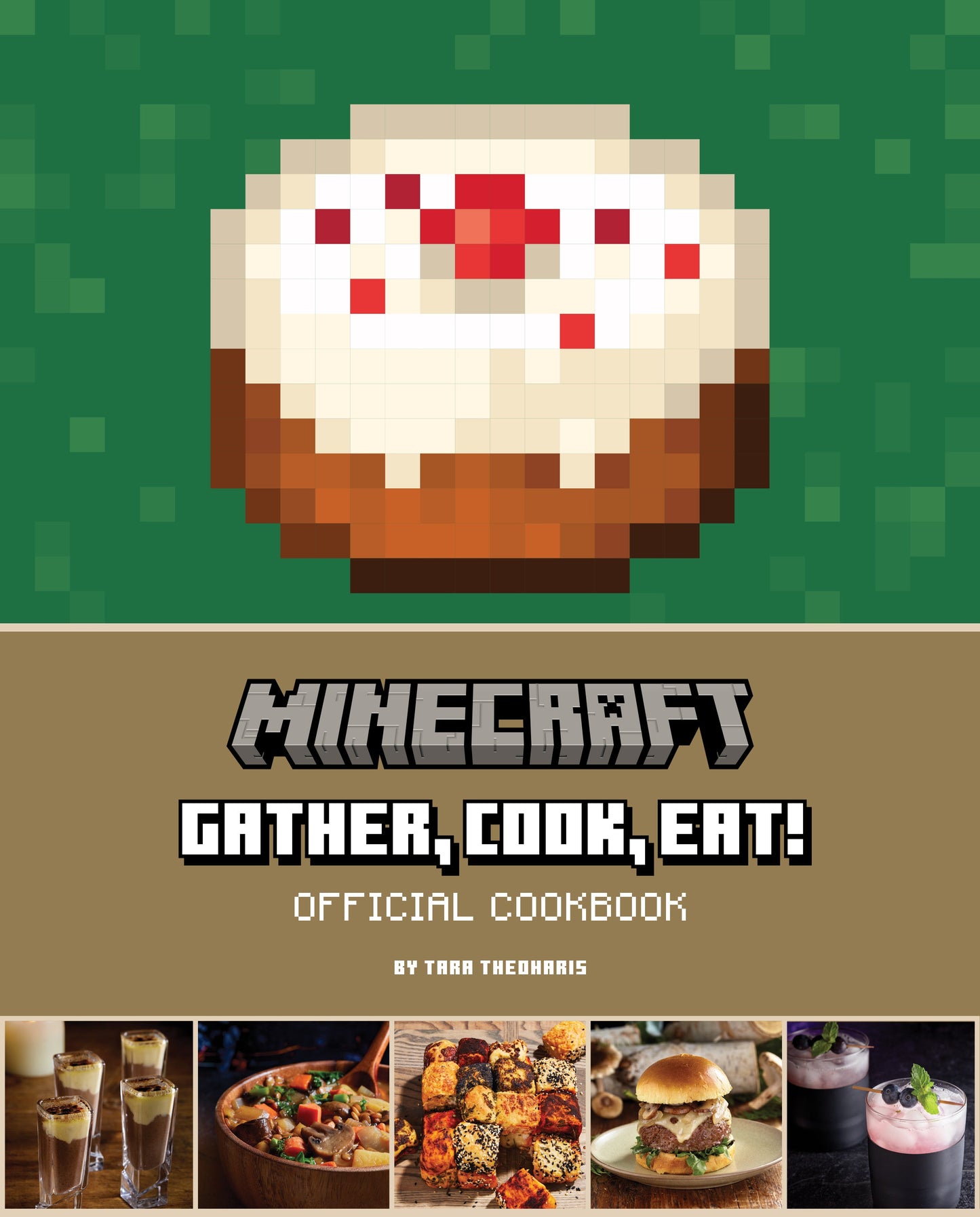 Minecraft-themed cookbook cover with pixelated cake illustration on a green and brown background.