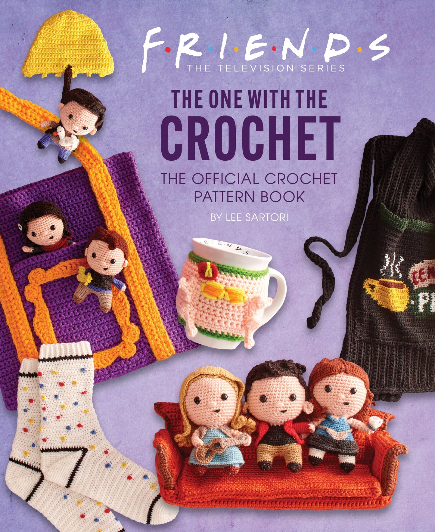Crocheted items inspired by 'Friends' on a purple background with 'Friends' logo.