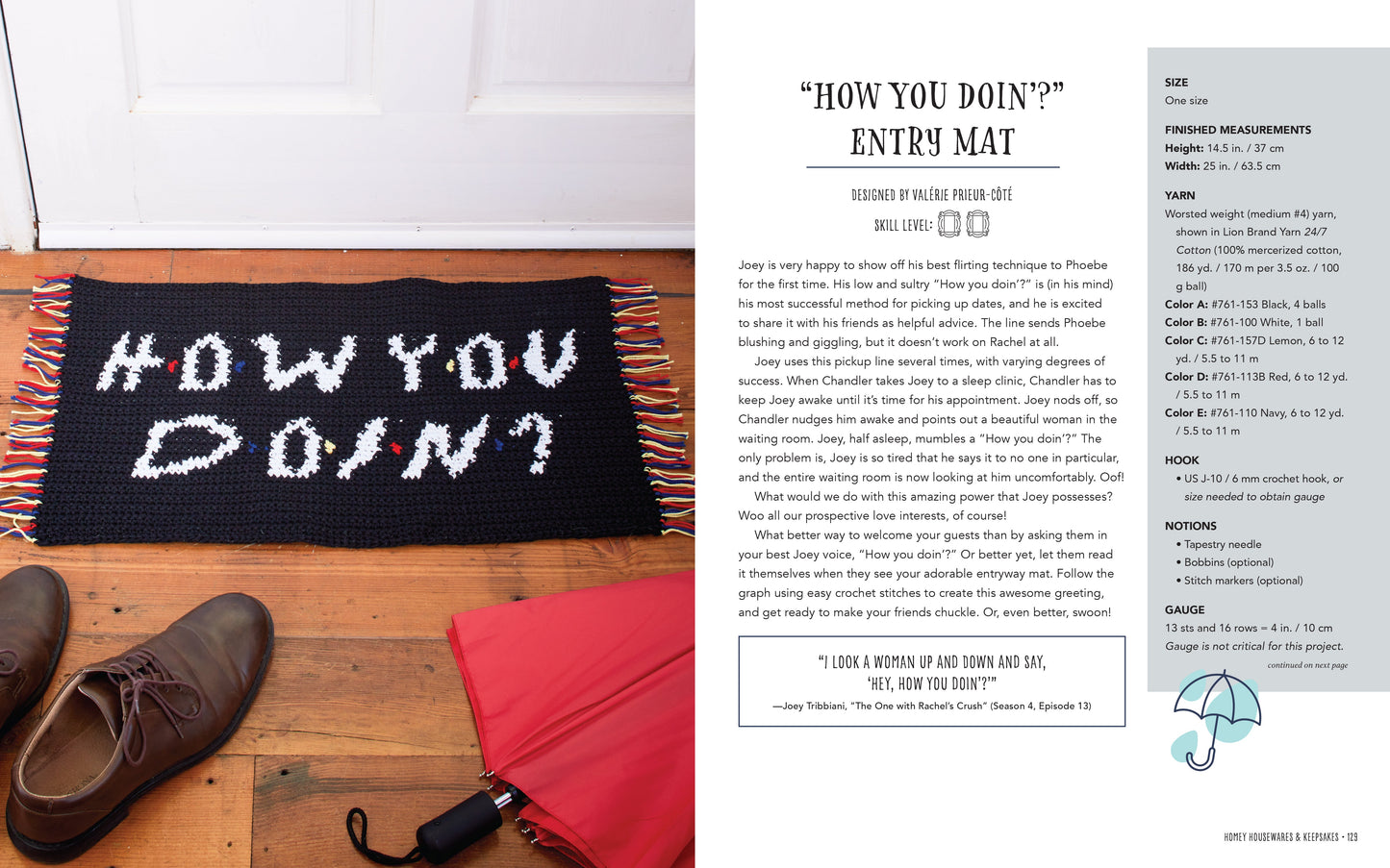 Doormat with 'How you doin?' text on a wooden floor next to a red umbrella and shoes, with product description on the right.
