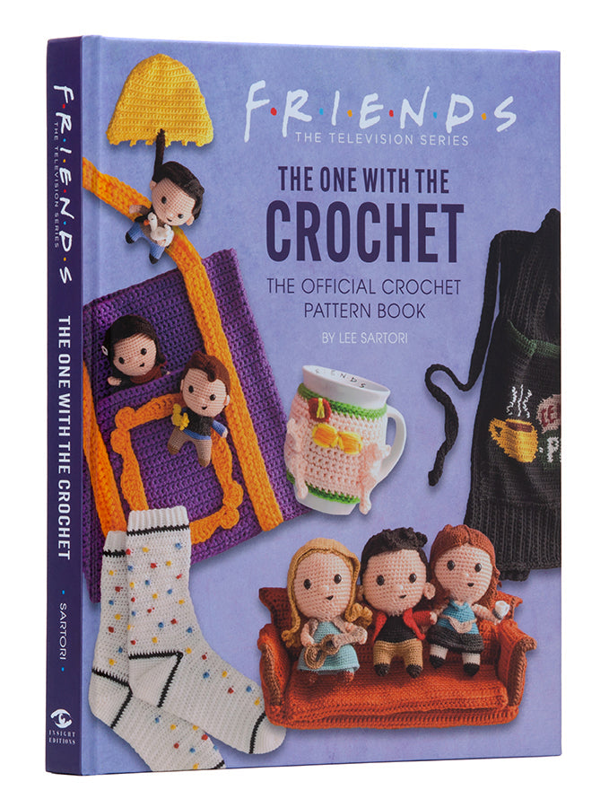 Book cover of 'The One with the Crochet' featuring crochet patterns inspired by 'Friends'.