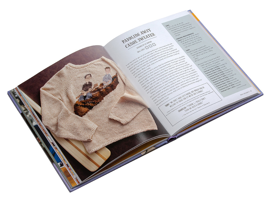 Open book showing a pattern for a knitted sweater with text on a white background