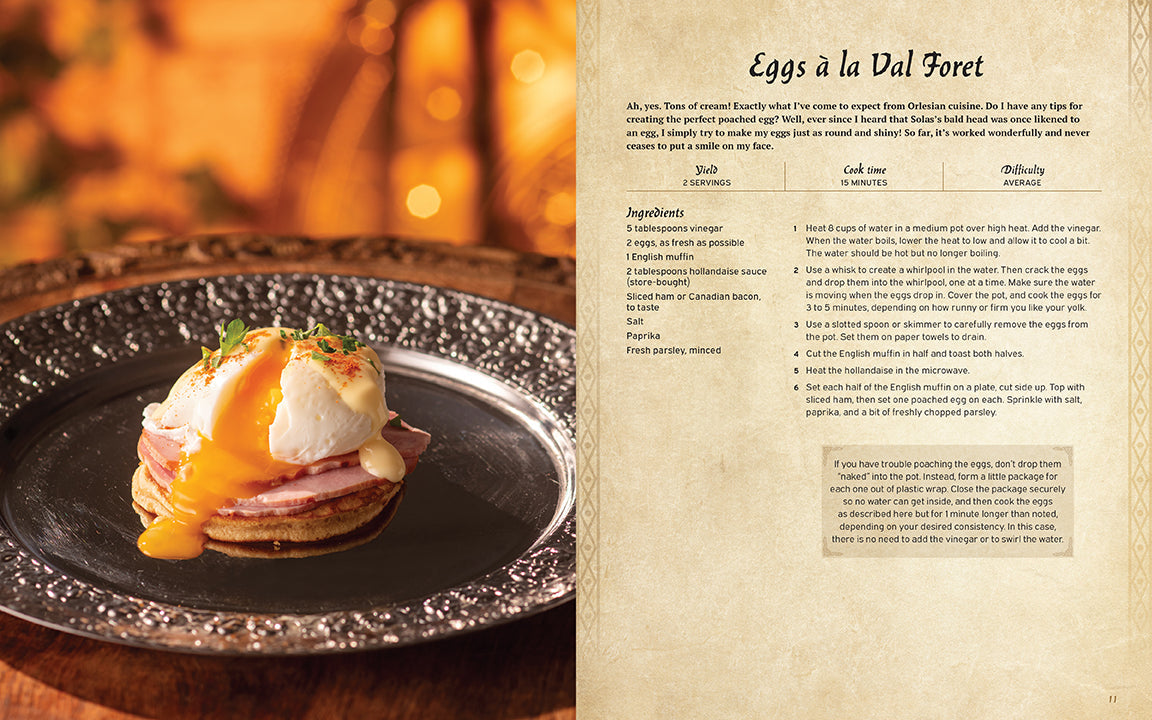 Plated dish of Eggs à la Val Foret with a recipe card on the side.