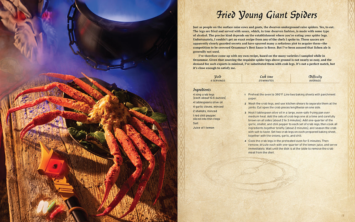 Fried young giant spiders on a wooden board with a recipe on the side.