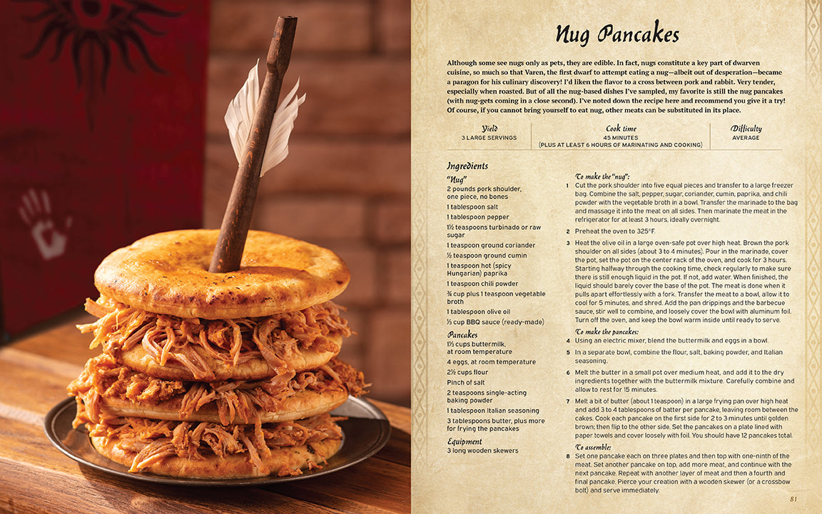 Stack of pancakes with pulled pork on a plate, accompanied by a recipe on the side.