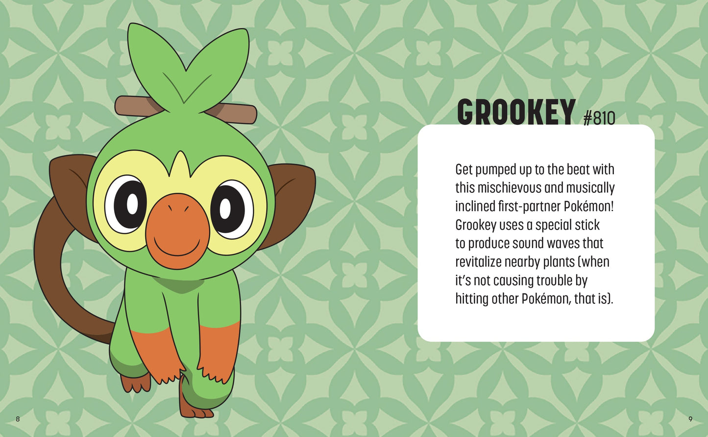 Illustration of Grookey from Pokémon with a green patterned background