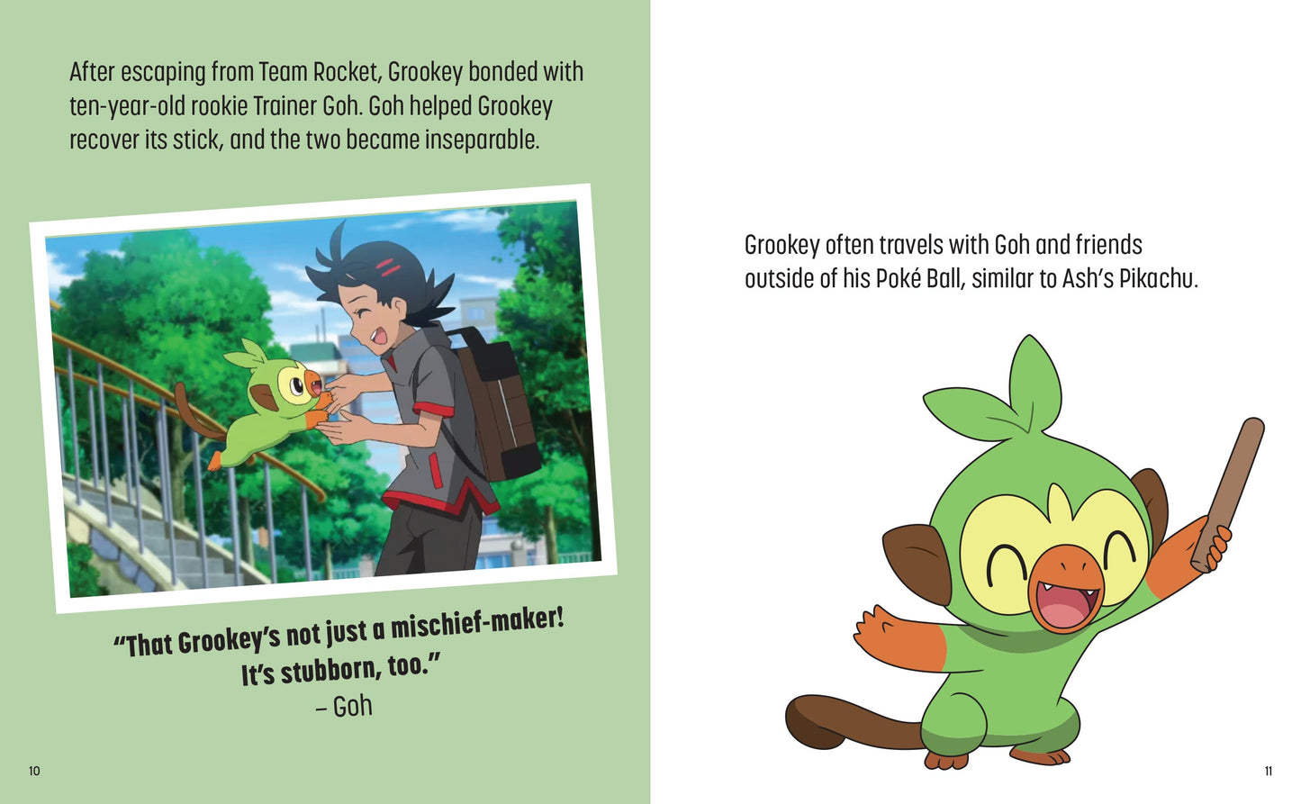 Illustration of a character with a green creature and text about Grookey from Pokémon.
