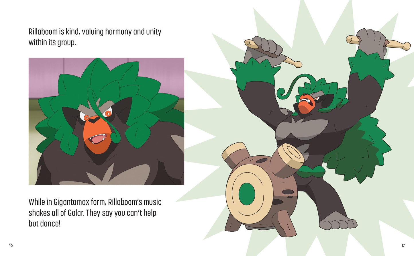 Animated character Rillaboom in two forms with text describing its nature and abilities.